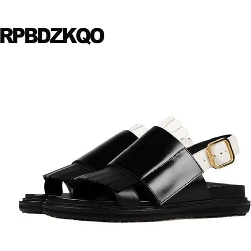 Summer women sandals flat casual high quality open toe fringe genuine leather comfortable designer slingback shoes black 2019