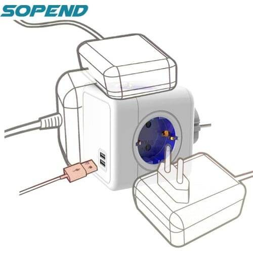 Sopend PowerCube 5V 2.1A USB Power Strip EU Plug Wall Socket Smart 4 Outlets Electrical Adapter 250V 3680W Extension Home Office