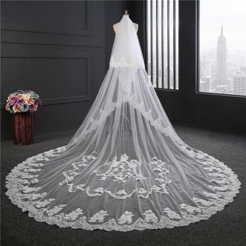 New Wedding Veils Long White Ivory Wedding Veil Appliques Lace Beaded Bridal Veils Bride Hair Accessories For Wedding Dresses