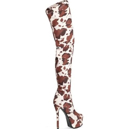 OLOMLB Women Over The Knee Boots Cow Colors Stretchy Printed Stilettos High 15CM Heel Platform Shoes Sexy Warm Plus Size 34-44