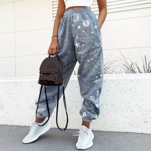 Gray Stitching Sun Moon Print Vintage Women Pants Casual Fashion Harajuku Harem Pants England Style Oversized Sweat Pants Women