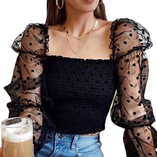 Womens Vintage Polka Dot T-Shirts Mesh Sheer Puff Sleeve Ladies Loose Top Shirts Slim Summer Clothing Ladies Fashion Costume New