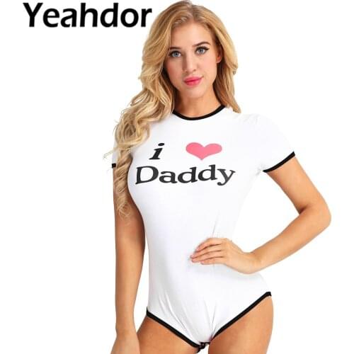 Women Adult I Love Daddy Pattern Cosplay Bodysuit Romper Short Sleeve Press Button Crotch Cotton Jumpsuit Role Play Underwear