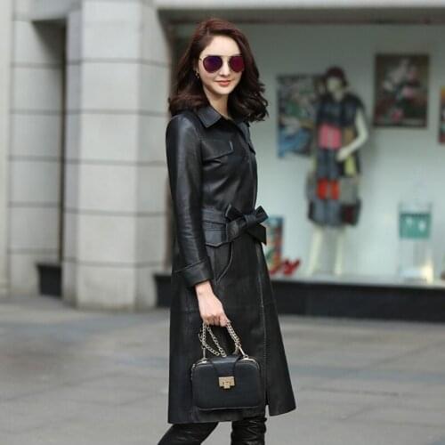High Quality Women Natural Sheepskin Long Coat Belted Slim Fit Ladies Genuine Leather Jacket Winter Windbreaker Trench Jackets