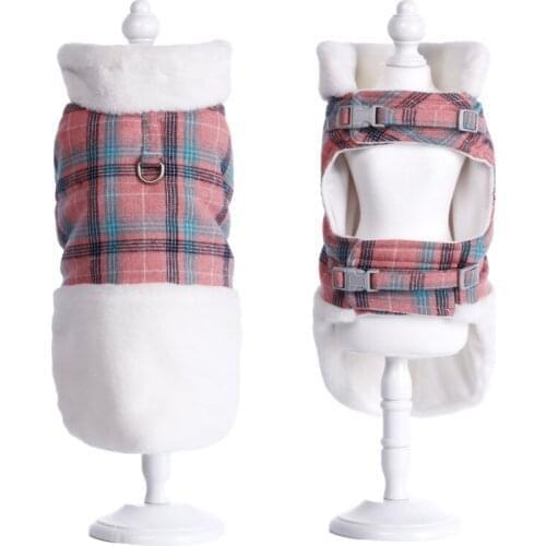 Winter Dog Clothes Warm Coat With Harness D-ring Plaid Suede Soft Puppy Jacket Adjustable Pet Apparel Chihuahua Yorkies Outfits