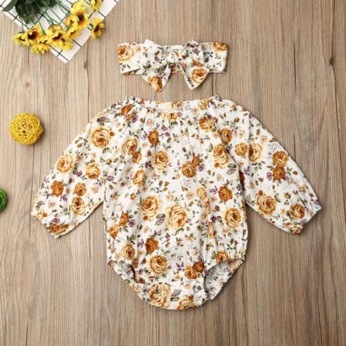 2020 Baby Spring Autumn Clothing 2PCS Newborn Baby Girl Autumn Clothes Flower Long Sleeve Romper Jumpsuit Headband 2Pcs Outfit