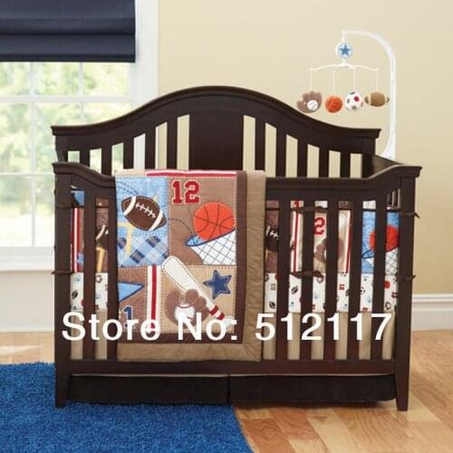2015 Newest 7pcs Embroidered Baseball Sports Pattern Boby Baby Cot Crib Bedding Set 4 items includes Quilt Bumper Sheet Skirt