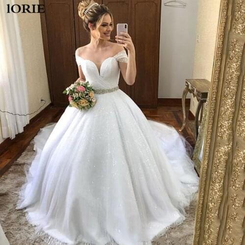 LORIE Princess Shinny Wedding Dresses Off The Shoulder Glitter Ball Gown Bride Dress vestidos de novia Dubai Wedding Gowns