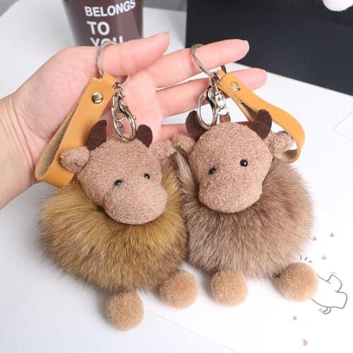 Cartoon Rabbit Fur Bull Keychains Fluffy Plush Doll Keychains Women Girl Bags Keyrings Cars Key Ring Gift Charming Decoration