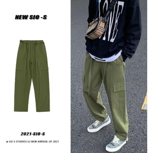Cotton Cargo Pants Mens Fashion Retro Pocket Casual Pants Men Streetwear Loose Hip-hop Straight Wide Leg Pants Mens Trousers