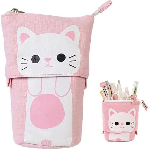 Pencil Bag Canvas Pencil Case Cartoon Cat Telescopic Zipper Bag Stationery Box Organizer Pen Pouch Storage Container For Student