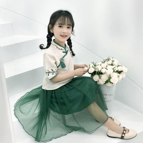Hanfu kids lovely style suit skirt fashionable summer Chinese costume girl new Hanfu lace skirt fashion printing Chinese skirt