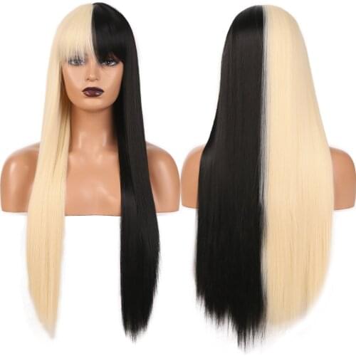 Two Tone Color Synthetic Wigs with Bang Glueless Straight Machine Made Cosplay Synthetic Wig High Temperature