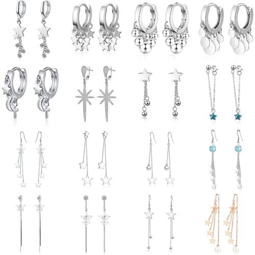 Fanqieliu 925 Sterling Silver Jewelry Long Tassel Crystal Dangle Vintage Star Moon Charms Drop Earrings For Women FQL21052