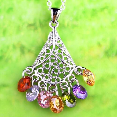 JROSE Wholesale Purple & Morganite & Garnet & Peridot & Pink & White CZ Silver Color Pendant Necklace Women Gift