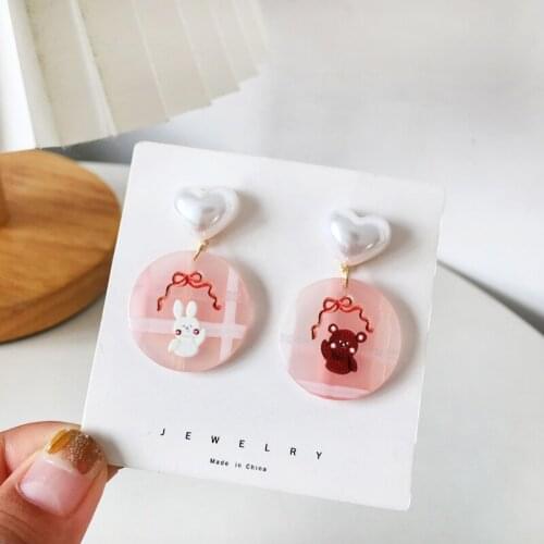 S925 Needle Small animal pattern sweet love cute girl round resin earrings