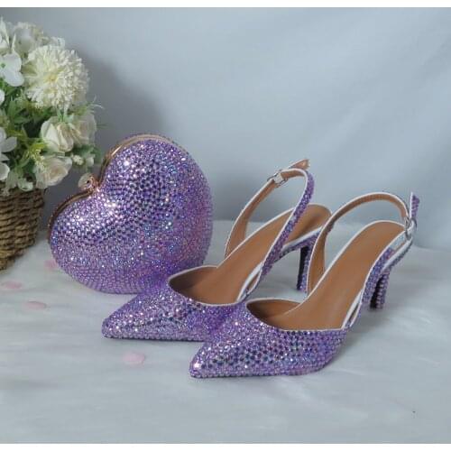 LoveinCrystal Bridal Wedding Shoes And Heart Bag Pointed Toe Girl Party Dress Thin Heels Womens Lavender Purple Sandals