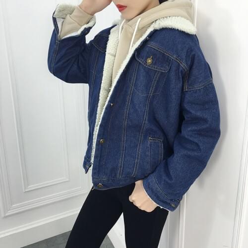 Fashion Womens Lambskin Denim Casual Vintage Jacket 4 Pocket Long Sleeve Warm Jeans Jacket Wide Denim 2019 Spring and Autumn