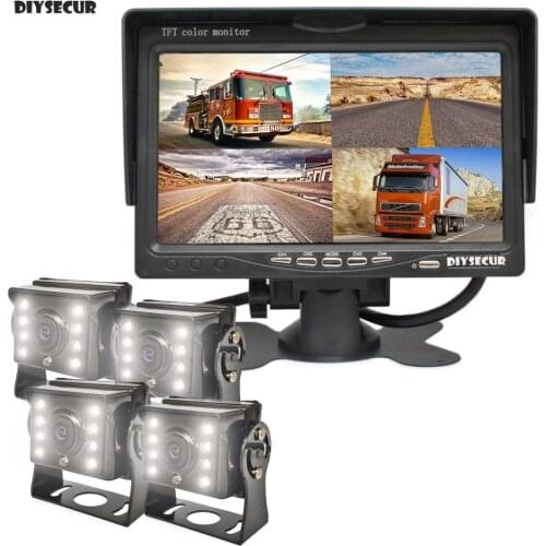 DIYSECUR 7" TFT LCD 4 Split QUAD Rear View Monitor Car Monitor + CCD IR Night Vision Rear View LED HD Camera for Truck Bus RV