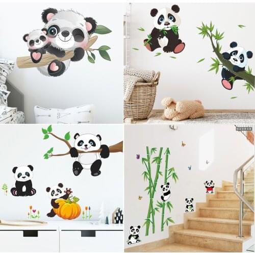 Cartoon Panda Bamboo Tree Branch Wall Stickers Mural Nursery Decal Childrens Room Poster Vinyl Home Decor Playground Decoration
