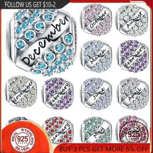 Real 925 Sterling Silver 12 Style Charms Birthstone Suitable For Original Pandora Bracelet&Bangle Diy Make Accessory Wholesal