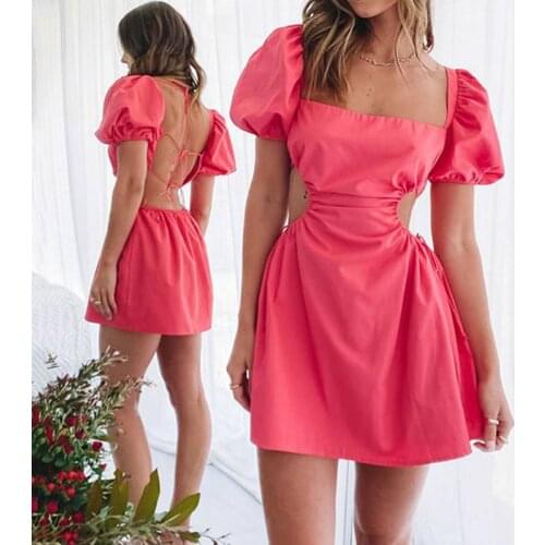 New Summer Dress for Women 2021 Sexy Vintage Short-sleeved Backless Solid Color Lace-up Puff Sleeve Dresses Short Mini Vestidos