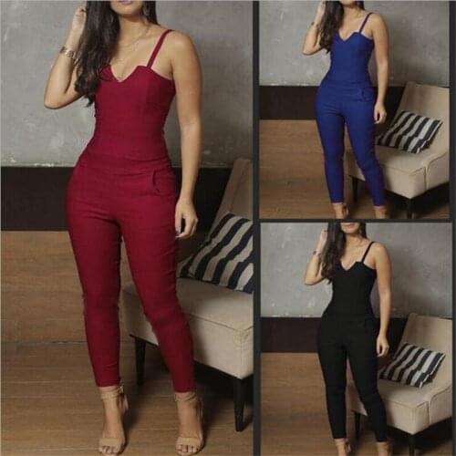 New Arrival Sexy Spaghetti Strap Bodycon Jumpsuits Summer Women V Neck Solid Casual Sleeveless Pockets Long Romper Female