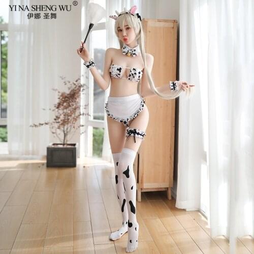 New Cos Cow Cosplay Costume Maid Tankini Bikini Swimsuit Anime Girls Swimwear Clothing Lolita Bra and Panty Set Stockings