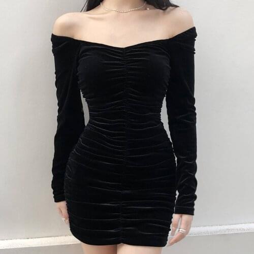 French Retro Fashion Velvet Long-sleeved Pleated Dress Autumn Winter Sexy Off Shoulder Velour Short Dress Vestidos Mujer 2021