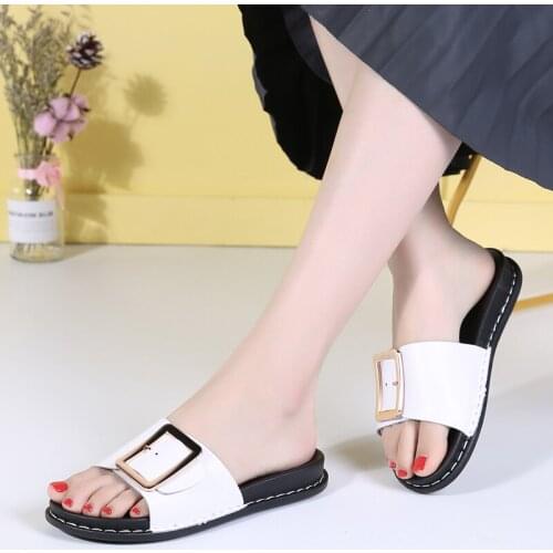 OKKDEY Summer Metal Buckle Womens Slides Slipers Welt Stitching Shoes Woman Leather Bed Slippers Flats Ladies Luxury FlipFlop