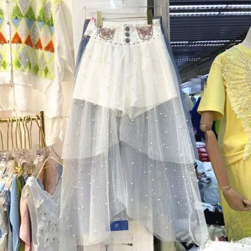 Shorts Women 2021 Summer New Rhinestone Beads Bow High Waist Stitching Mesh Slimming Lady Short White Blue