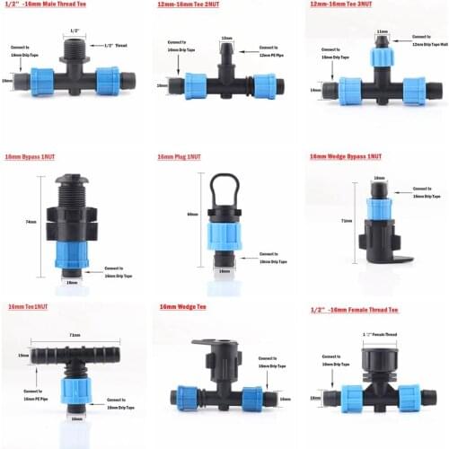 5Pcs 16mm Micro Irrigation Drip Tape Connectors Tee End Plug Fittings Threaded Lock Pipe Hose Joint Garden Hose Water Connector