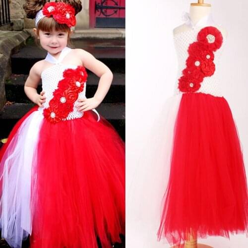 Red and Whiter Flower Girl Wedding Tutu Dress Christmas Birthday Party Pageants Photo Tutu Dress Kids Xmas Clothing TS077