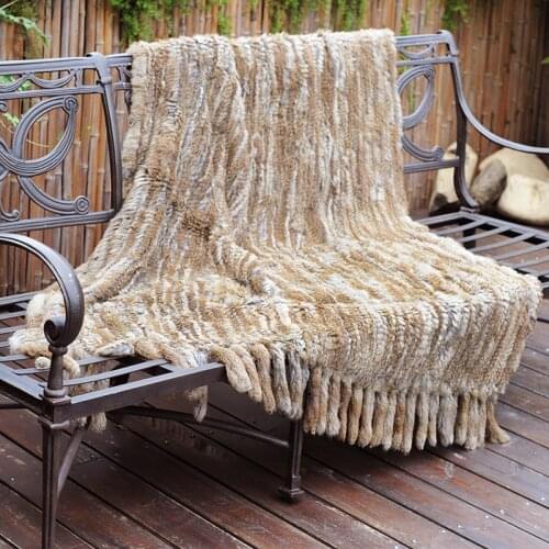 CX-D-20F Winter Warm Sofa Throw Hand Knitted Genuine Rabbit Fur Fringes Fur Throw Blanket