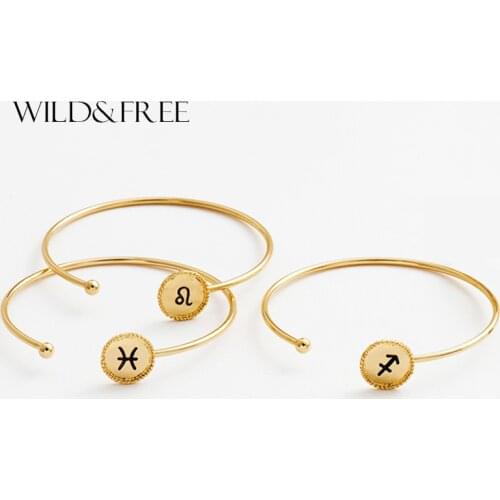 Wild & Free New Women Constellation Bracelets & Bangles Gold Color Thin Open Cuff Metal Bangle Set 12 Zodiac Lucky Jewelry
