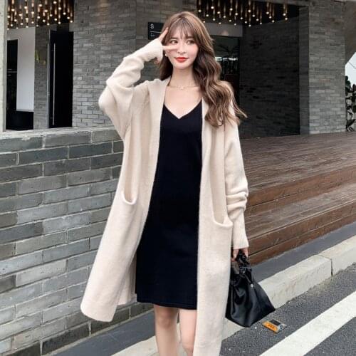 SHIJIA Elegant Long Cardigan Women Sweater Red Chic Autumn Winter 2021 Pocket Loose Knitted Jacket Korean Loose Coat Fall