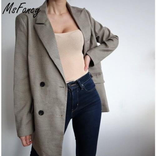 Msfancy Plaid Suit Women Double Breasted Long Sleeve Oversized Blazer Mujer 2021 Official Ladies Veste