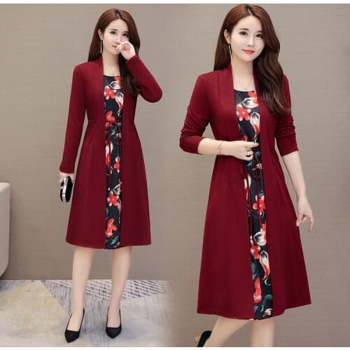 Vintage plus size flower dress women spring autumn casual long-sleeved lace up A line midi dress ladies work dress fake 2 pieces