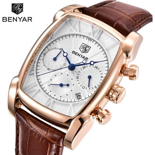BENYAR 2020 White Golden Square Quartz Watch Genuine Leather Waterproof Casual Men Watches Chronograph Sport Business Date Clock