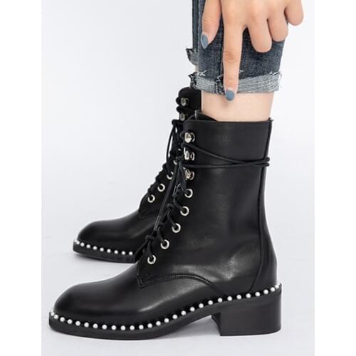 2019 New Autumn martin lace-up boots short Ankle pearl shoes Leather pu women Breathable wedges platform boots B22-80