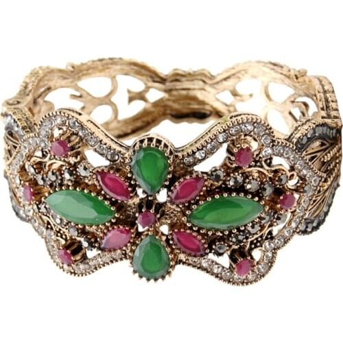 SUNSPICEMS Antique Gold Color Women Vintage Bangle Big Rhinestone Wedding Cuff Bracelet Turkish Traditional Wrist Jewelry 2019