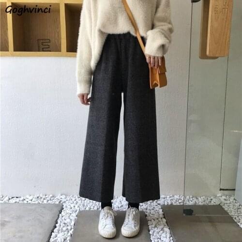 Wide Leg Pants Women Woolen Leisure Solid Ankle-length Baggy Trousers All-match Elegant Fashion Daily Streetwear All-match Retro