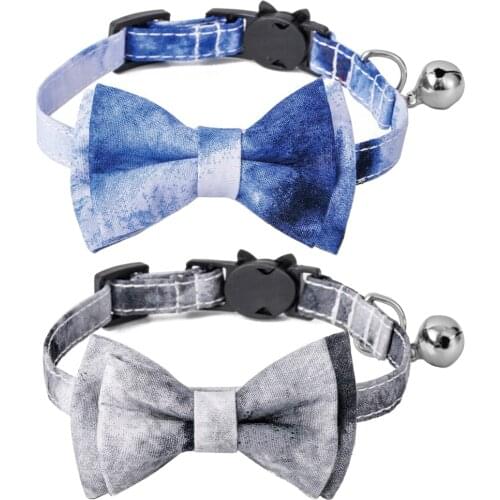Bowtie Cat Collar Breakaway with Bell Casual Blue Color Tie Dyed Adjustable Safety Kitten Collars Bow Tie for Pet and Puppies