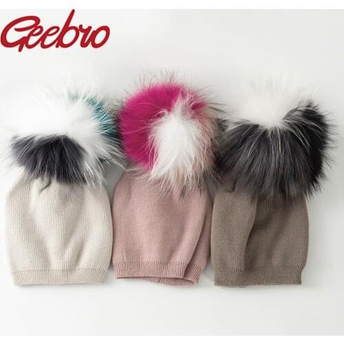 Geebro Children Knit Cashmere Beanie Triple Color Real Raccoon Fur PomPom Hat Girl Warm Candy Color Bone Kids Baby Soft Cap