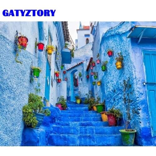 GATYZTORY Painting By Numbers Blue Street Landscape DIY Kits House HandPainted Paintings Art Drawing On Canvas Home Decor