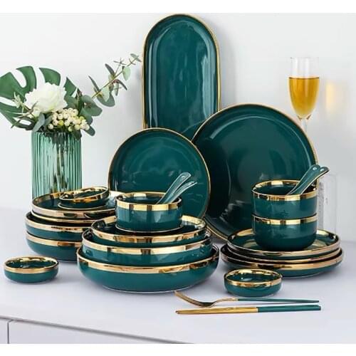 Ceramic Dinner Plates Steak Food Dessert Plate Green Salad Soup Bowl Dinnerware Set Dishes Plates and Bowls Set for Family Hotel