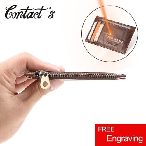 Contacts 100% Genuine Leather Card Holder Wallet Mini Slim Wallets for Men Zipper Coin Pocket Credit ID Card Holder Bifold