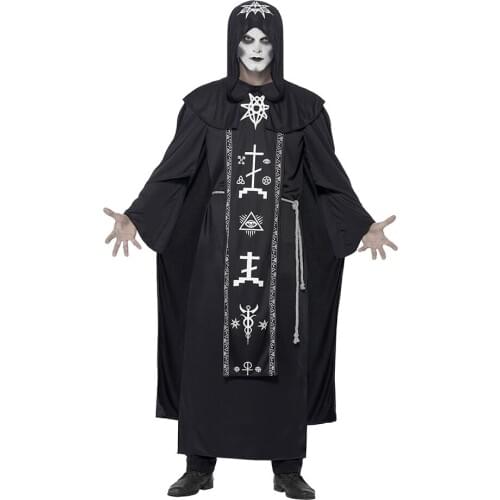 Halloween Costume Adult Medieval Magician Robe Cosplay Costume Black Hooded Scary Witch Devil Role Play Costume for Men Women
