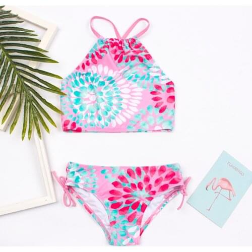 Summer Childrens Swimsuit Floral Print Halter Bikini Set Backless Tops + Drawstring Briefs Two Pieces Suit for Girl 3-14 Years