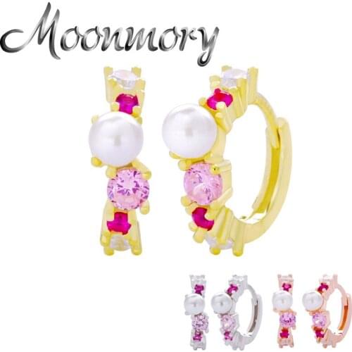 Moonmory Fine 925 Sterling Silver Pink Zircon Hoop Huggie Earring For Women 2021 White Pearl Beads Circle Loop Earring Jewelry